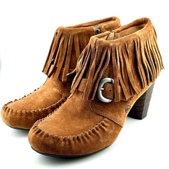 Born Women’s Brown Suede Thora Moccosin Fringed Zip Booties, Size 7 - Picture 1 of 11